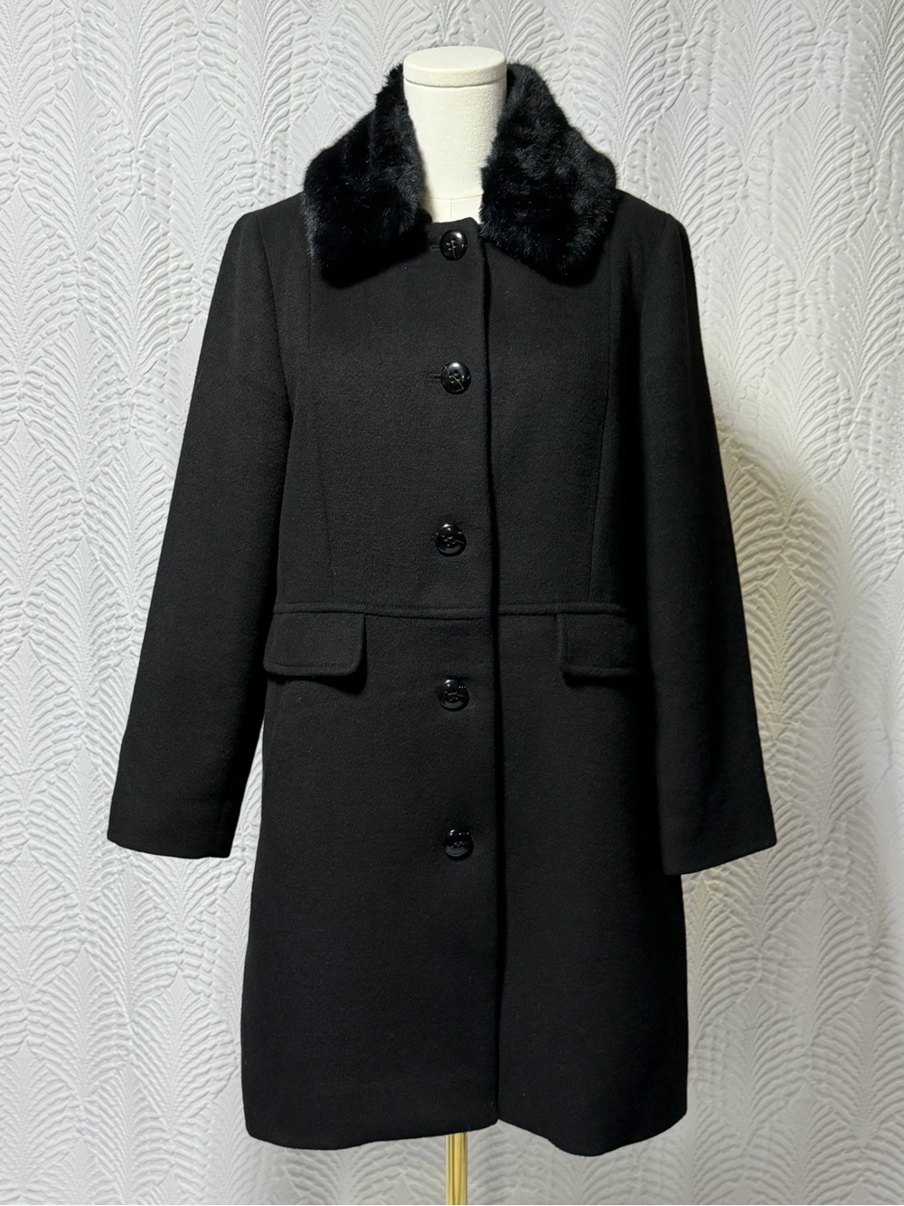 Talbots Black Wool Blend Pea Coat with Removable Faux Fur Collar (Size 16P)
